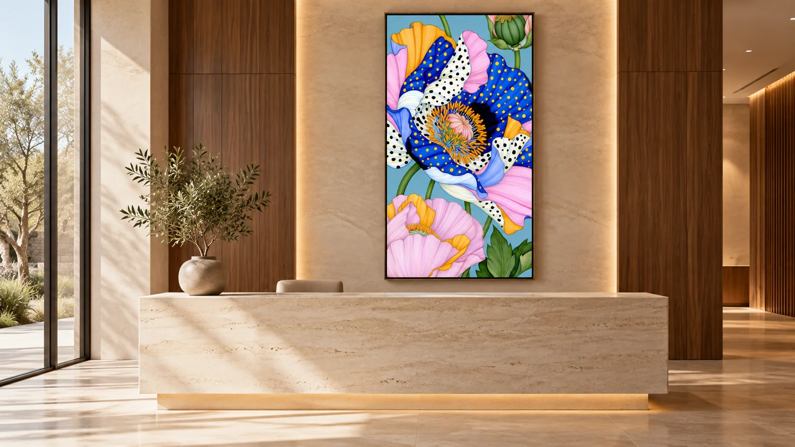 Confetti Bloom in a reception space — scene visualization