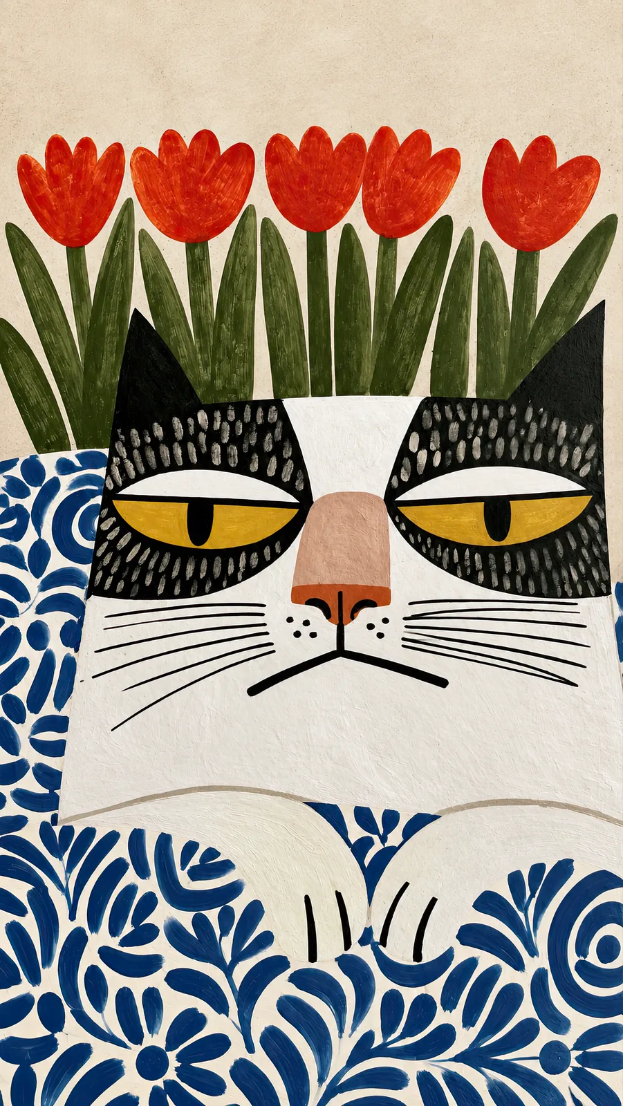 Black-and-white cat with yellow eyes, red tulips and blue floral patterns — Lazy Cat portrait preview