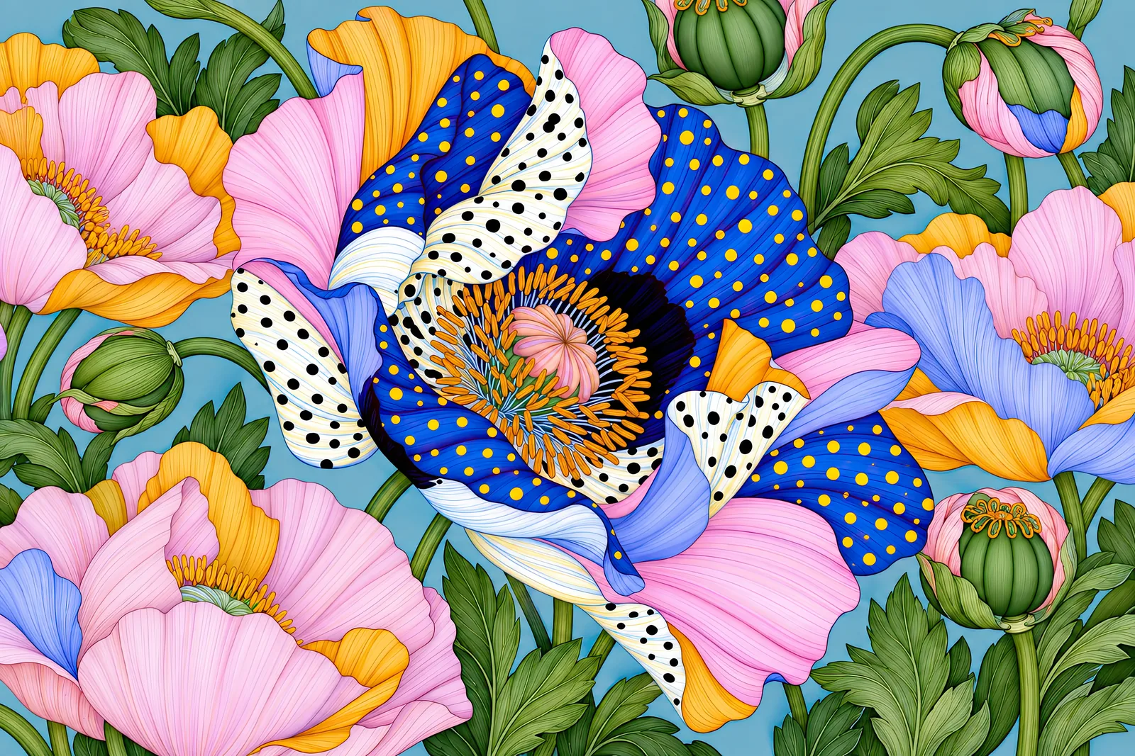 Blue petals, pink curves and yellow dots in a colorful floral illustration — Confetti Bloom — landscape edition