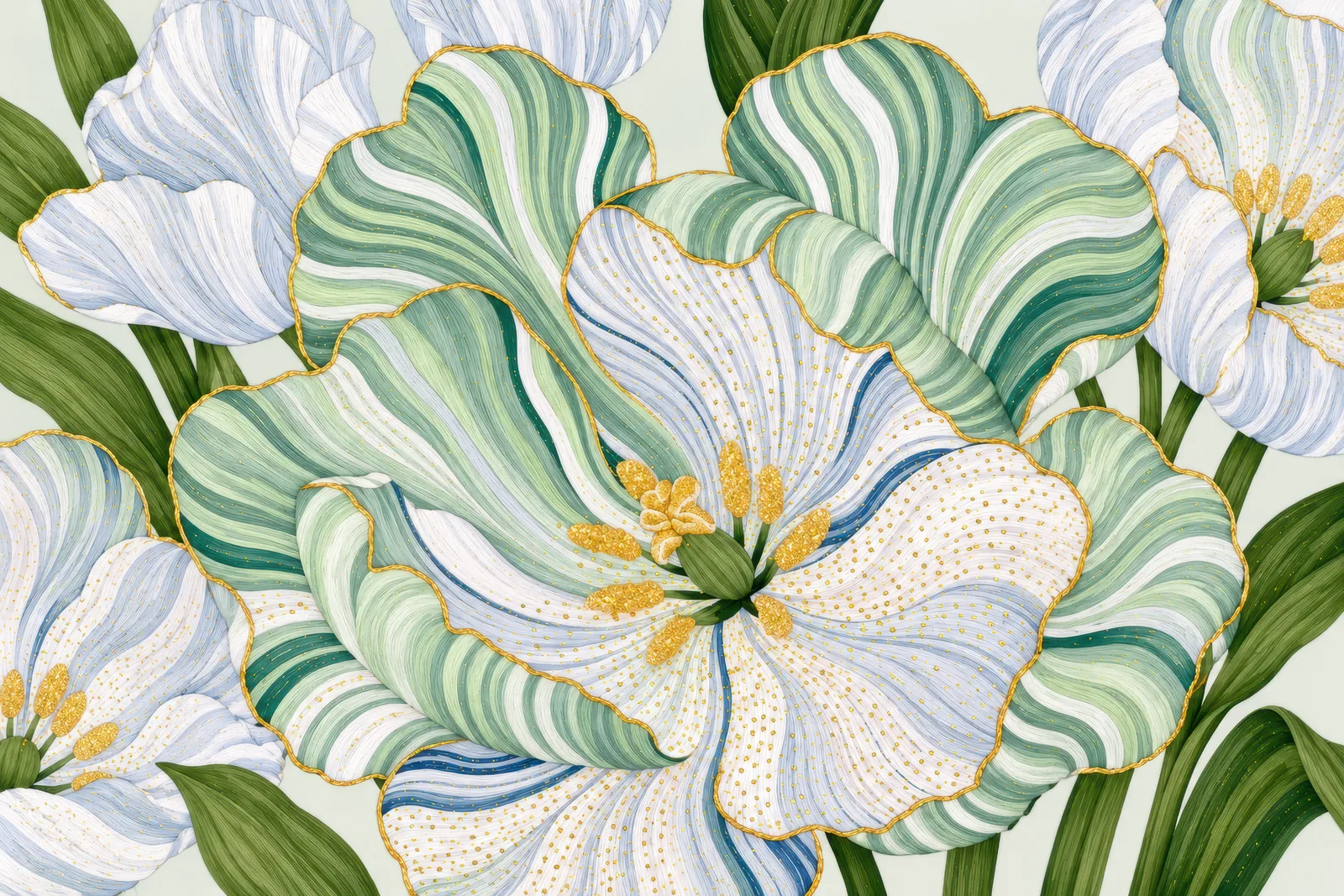Pale ornamental petals outlined in gold with green leaves — Golden Botanica — landscape edition