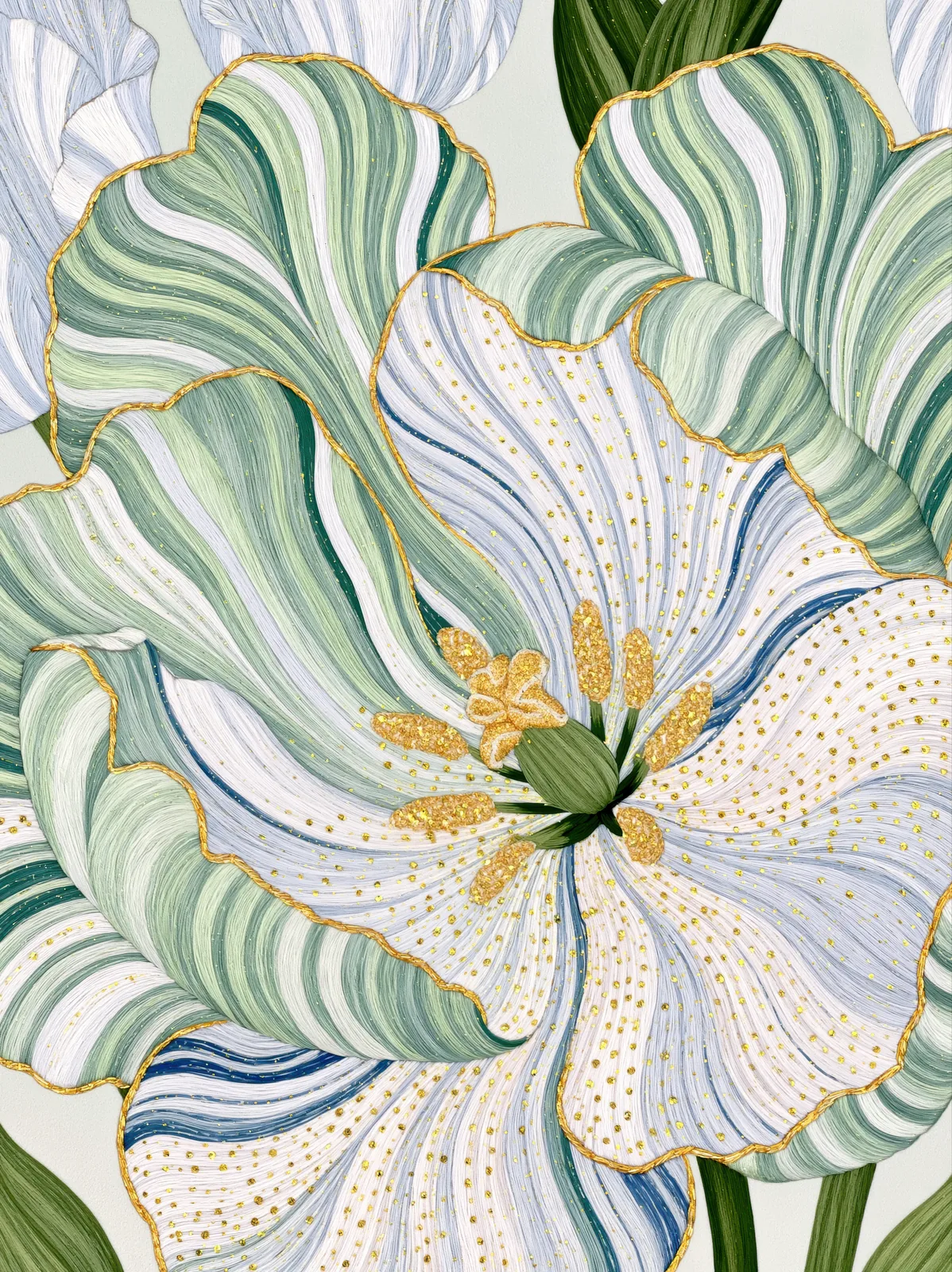 Pale ornamental petals outlined in gold with green leaves — Golden Botanica
