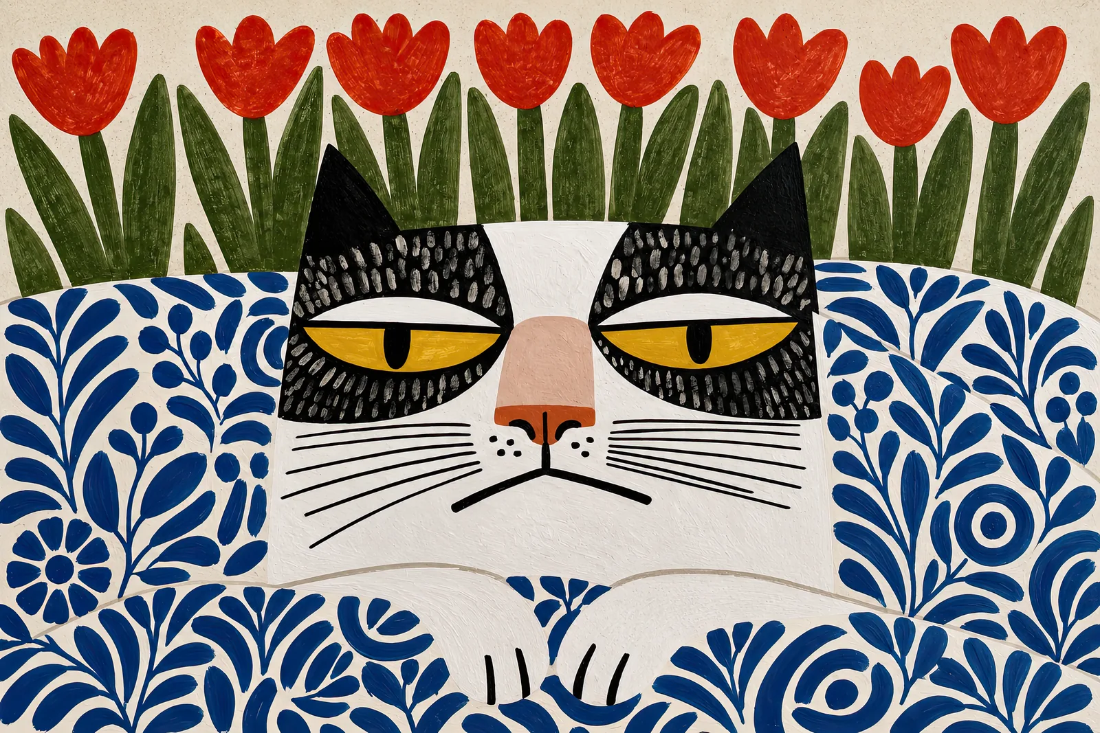 Black-and-white cat with yellow eyes, red tulips and blue floral patterns — Lazy Cat — landscape edition