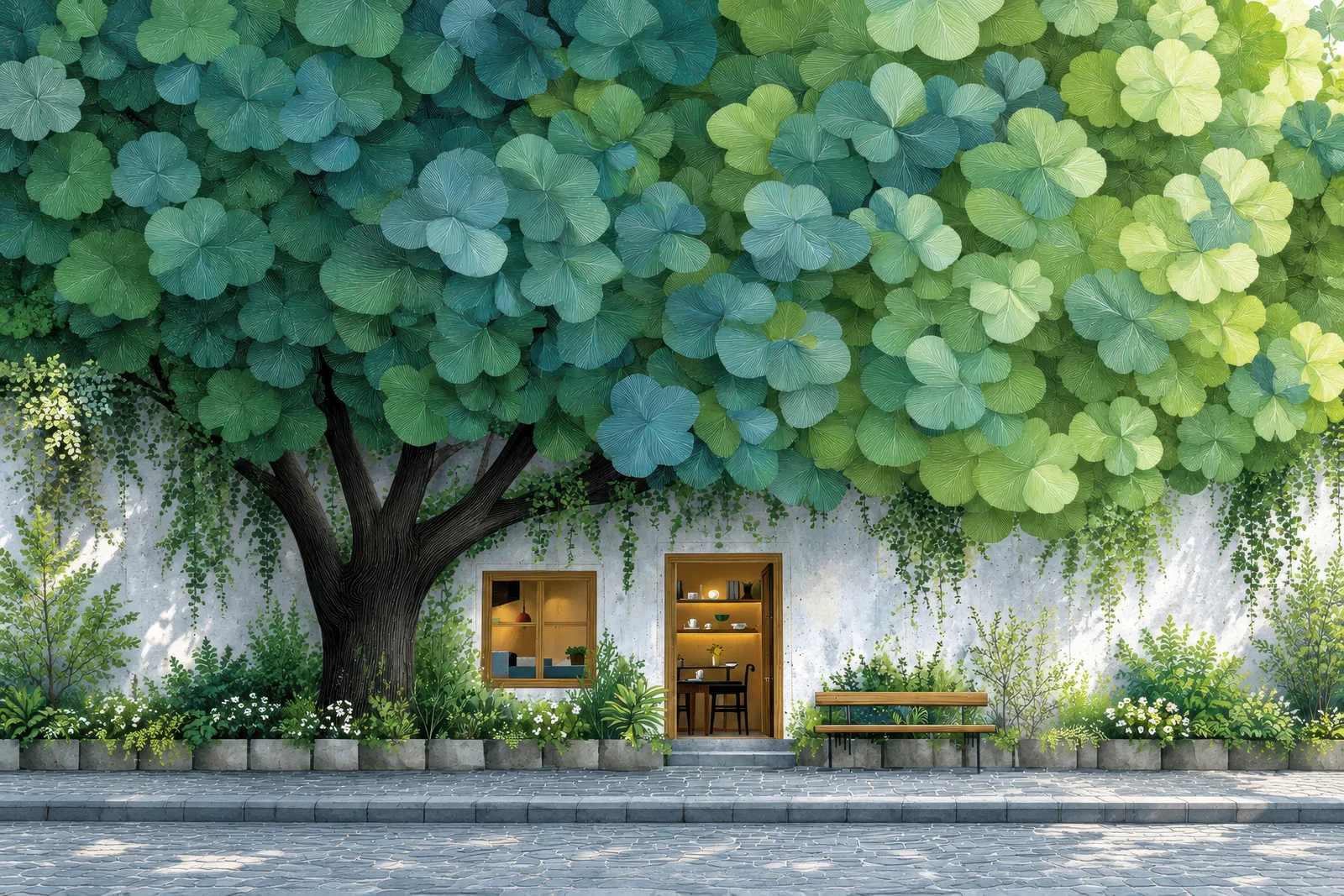 A small café beneath a dense canopy of green leaves — The Canopy Café — landscape edition