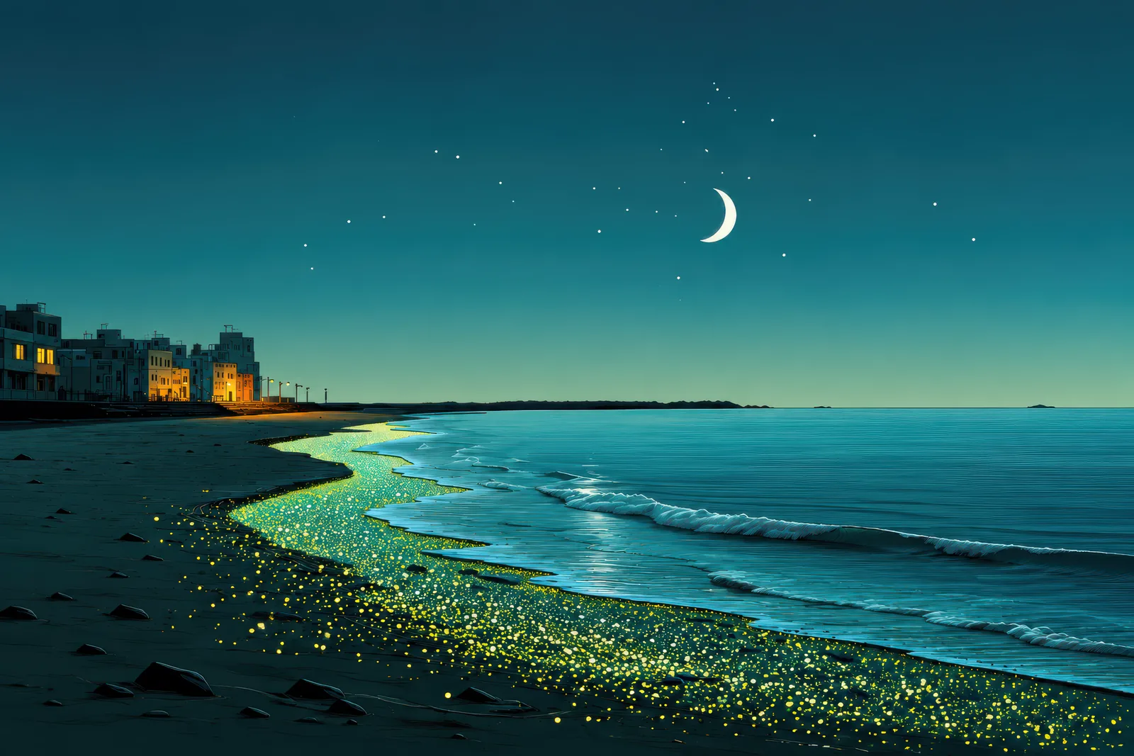 Crescent moon above a seaside town and a glowing shoreline — Moonlit Shore Town — landscape edition