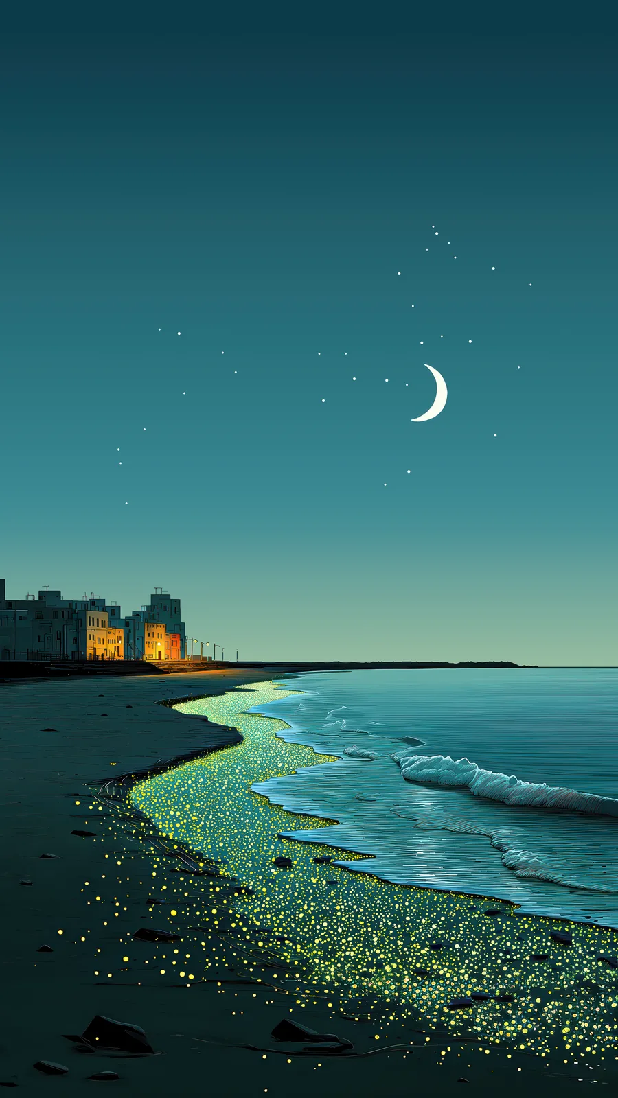 Crescent moon above a seaside town and a glowing shoreline — Moonlit Shore Town